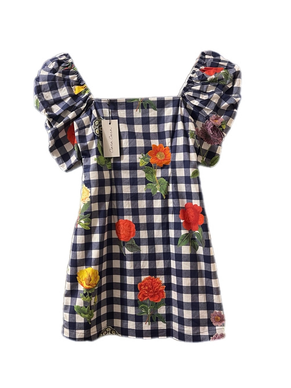 Cara Cara Kelly Gingham Floral Puff-Sleeve Mini Dress Sz S Cottagecore - Picture 3 of 16